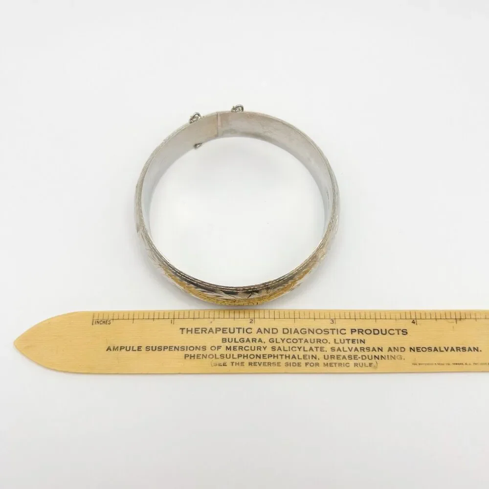 Sterling Silver 925 FAS Hinged Bangle Bracelet, Etched Design, Vintage